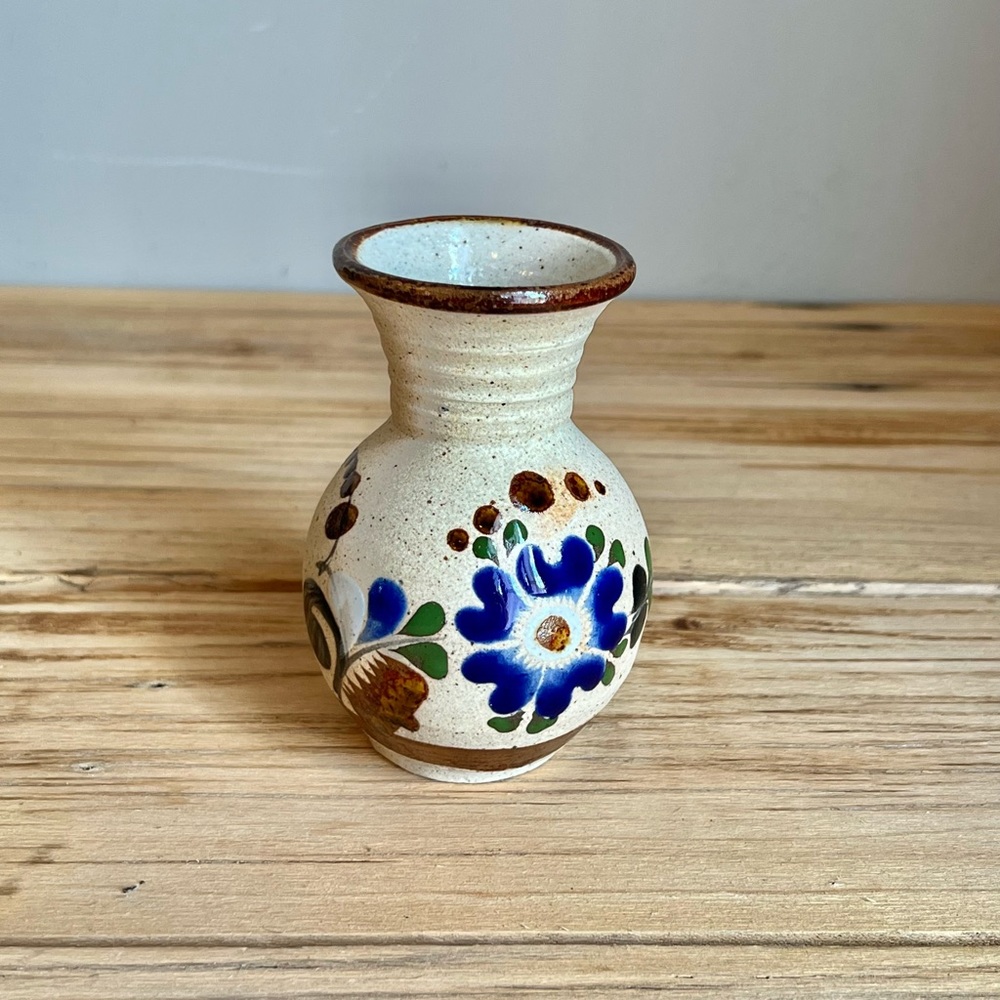Mexican Tonala Pottery Small Vase with Cobalt Flower Pattern